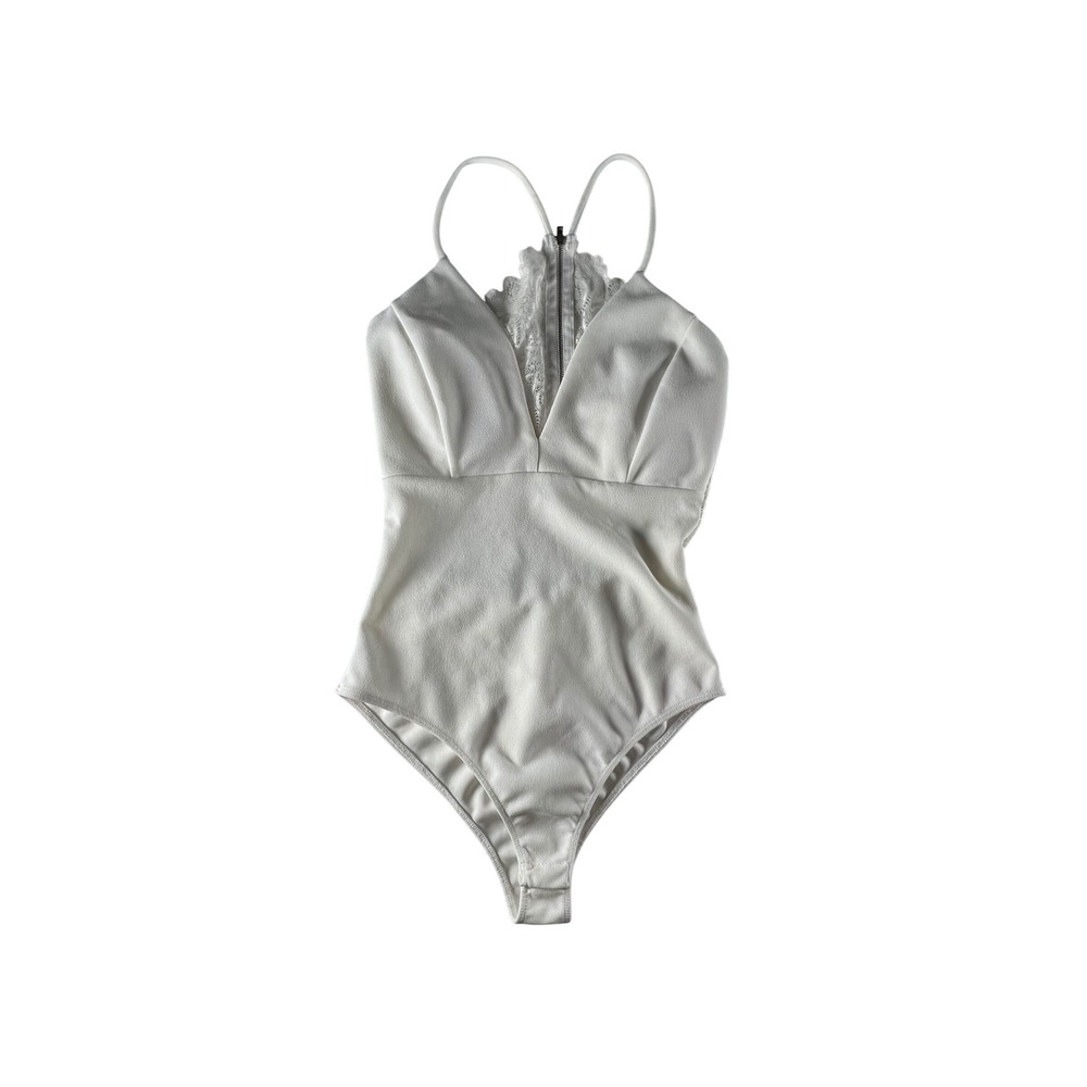 Vintage White Lace Up Back Halter V Neck Bodysuit Sheer‎ Lace Womens Medium